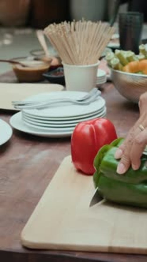 Preparing Bell Peppers and Meat for Shish Kabobs