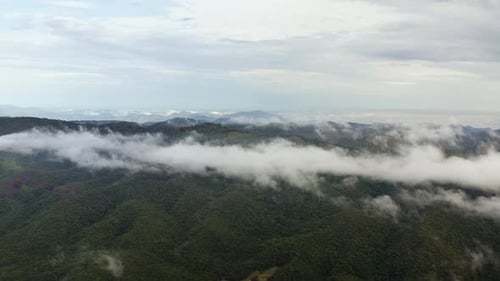 Aerial Drone View Shot of Cloudy Mountains in The Lush Morning of Green Hills Covered by Tropical Ra