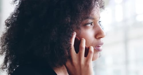 Happy, thinking or business woman on a phone call talking, networking or speaking in office