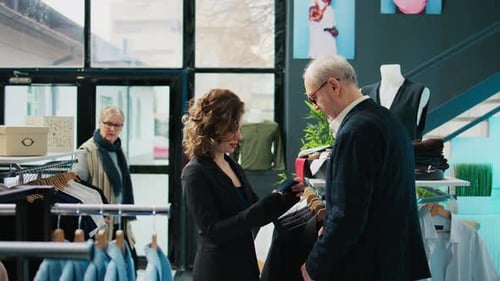 Woman Employee Presenting Formal Accessories to Regular Client