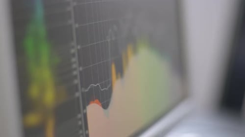 Close up of a digital audio frequency analysing and displaying tool during a recording session in an
