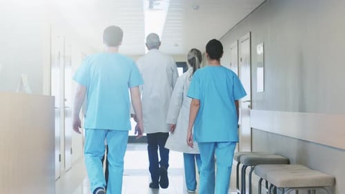 Back View of the Team of Doctors, Nurses and Assistants Walking through the Hallway of the Hospital