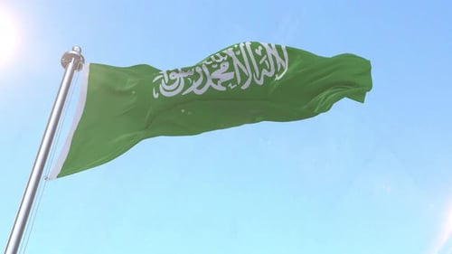 Realistic 3D Saudi Arabia Flag Waving in Clear Blue Sky