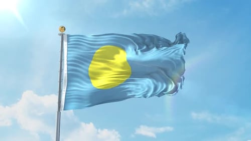 Palau National Flag Waving in Blue Sky