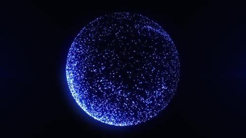 Blau leuchtende 3D-Kugel aus glänzenden Partikeln, die nahtlos fließen. Schneekugel-Animation. Magischer Globus
