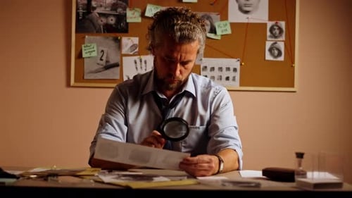 Closeup of Detective's Office Middleaged Investigator in Shirt and Tie Sitting at Desk Examining