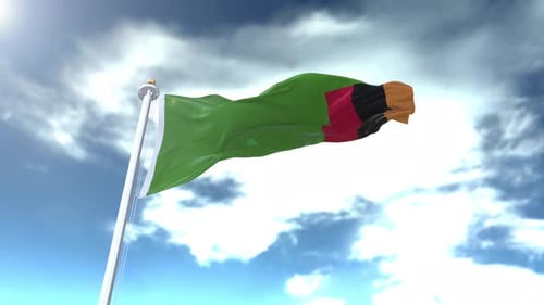 Realistic 3D Waving Flag of Zambia in Cloudy Sky