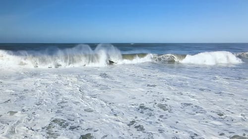 Beautiful Aerial Drone View on Huge Atlantic Ocean Waves and Beautiful Blue Sky