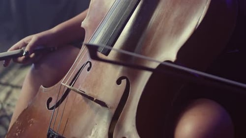 Woman Plays Cello Close-Up with Bow on Strings