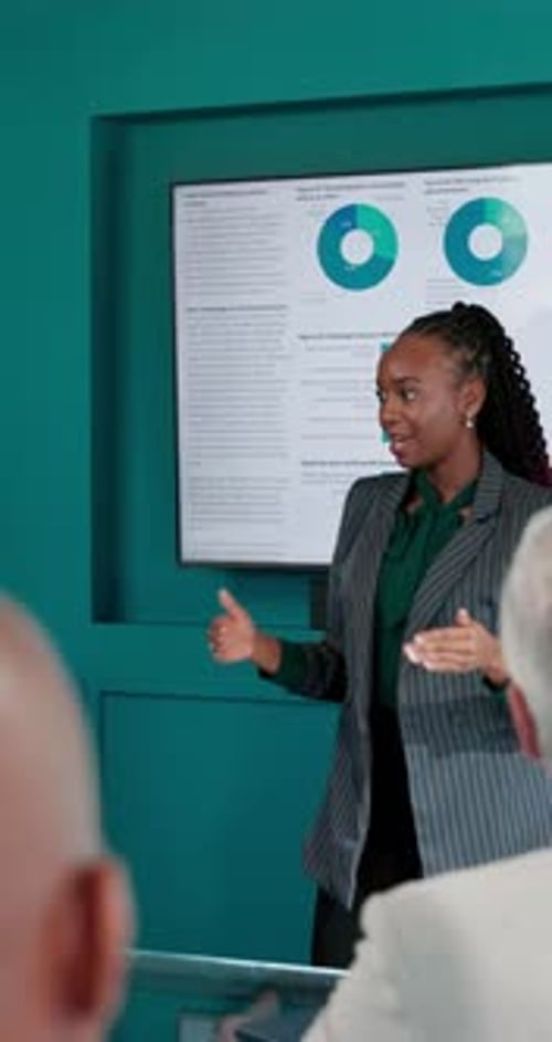 Business woman, presentation or meeting with screen for statistics, performance or review in office