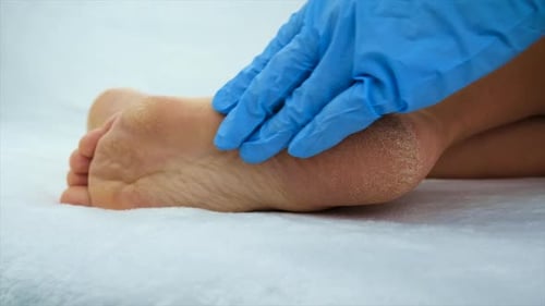 Foot with Dry Skin Examined by Glove