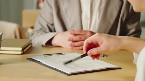 Customer Signing Contract Real Estate Agent Giving Home Keys Closeup Woman Realtor