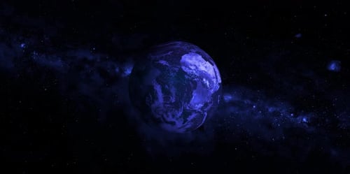 blaue Farbe, realistische animierte Glob-Erdrotation auf Stern- und Galaxienbewegungshintergrund beim Drehen