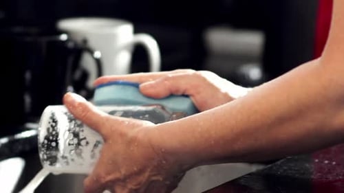 Woman Washing Glass Cup with Sponge in Sink