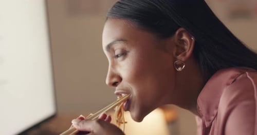 Business woman, computer and noodles fast food in night office, creative startup