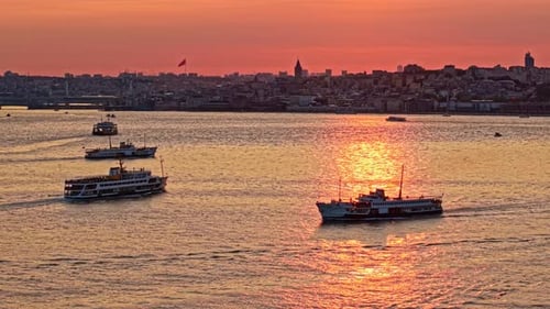 Bosphorus Ferries and Galata Skyline at Sunset