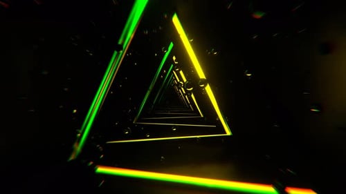 Yellow And Green Abstract Triangular Corridor With Levitating Spheres Background Vj Loop I 4K