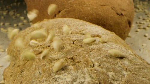 Seeds Falling on Fresh Baked Bread Crust