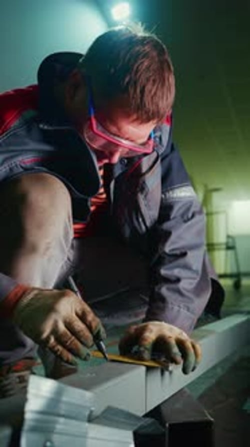 Man Measuring Metal with Ruler in Dark Workplace