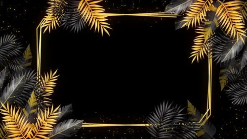 Elegant Golden Geometric Frame with Animated Tropical Leaves and Glitter Particles