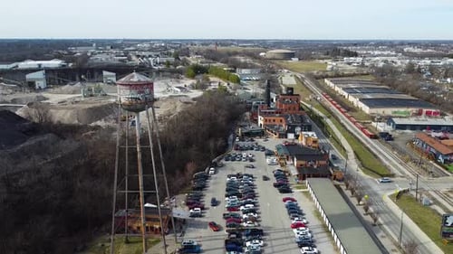 Wide drone shot of the Pepper Distillery District in Lexington, Kentucky.