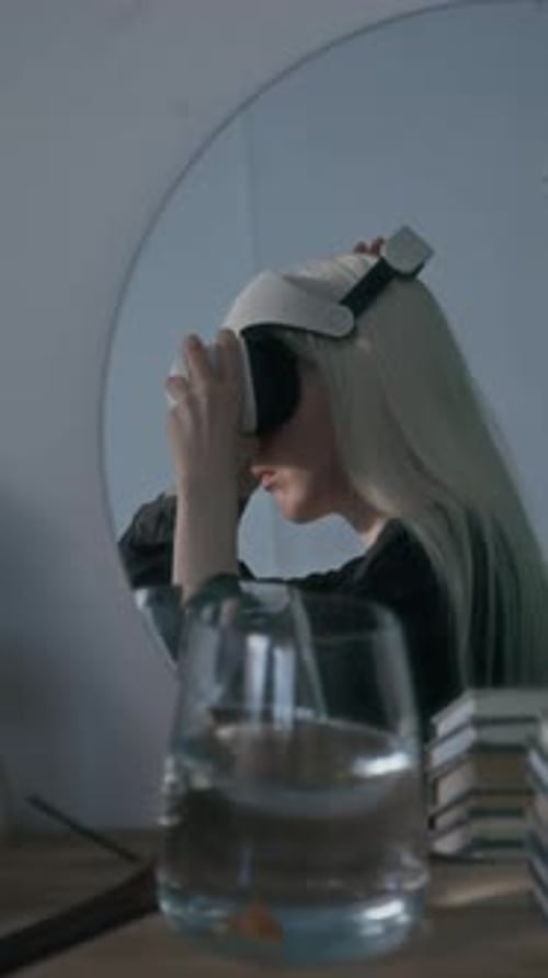 Woman Puts on Virtual Reality Headset at Home