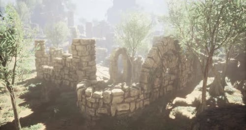 Mysterious Ancient Ruins Within a Sunlit Forest Clearing