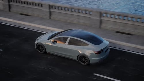 Electric Car Drives On Bridge. Realistic 3D Animation