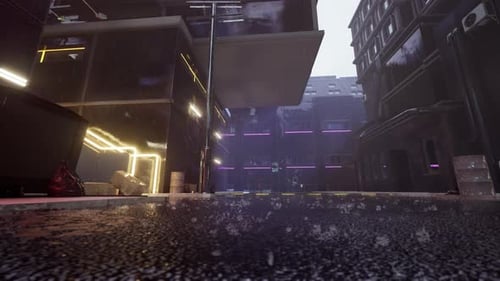 Futuristic Cyberpunk City Alley with Neon Lights and Rain