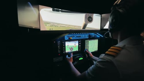 Woman Wearing Uniform and Earphones Flying Launching Airplane