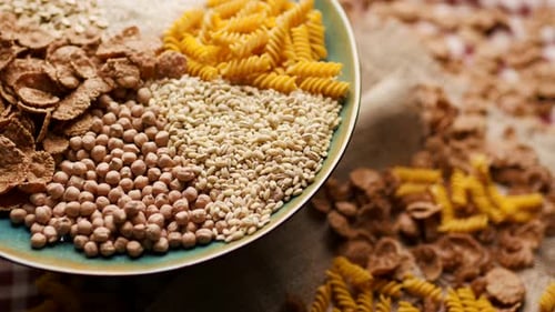 Uncooked Foods Bowl with Rice, Seeds, Pasta