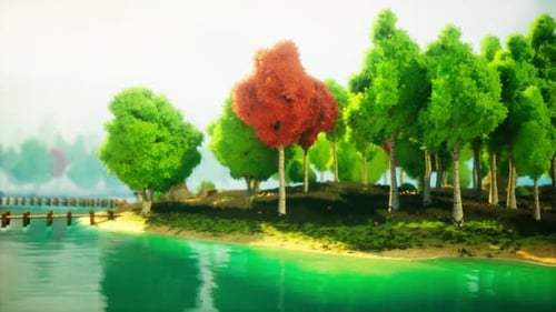 Colorful Cartoon Forest at Sunset