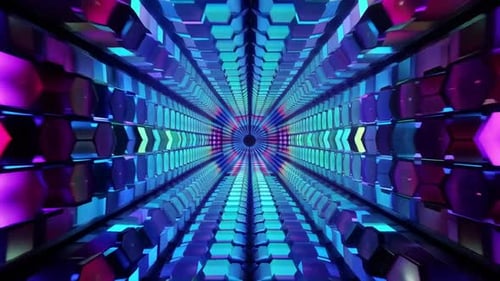 Futuristic Hexagon Tunnel with Glowing Neon Light Patterns