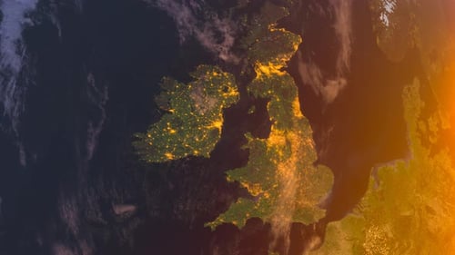 England From Space At Sunrise. Uk From Space Orbit. Planet. Globe