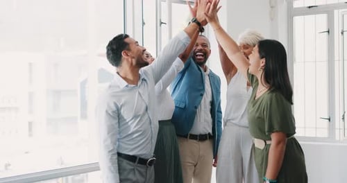 Success smile, high five or business people in meeting applause for company growth