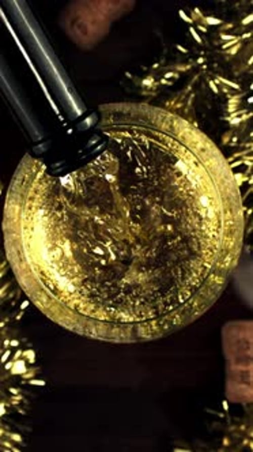 Champagne Pours Into the Glass Top View Filmed is Slow Motion 1000 Fps