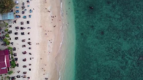 Aerial view of tourists enjoying waves breaking on the shore.
