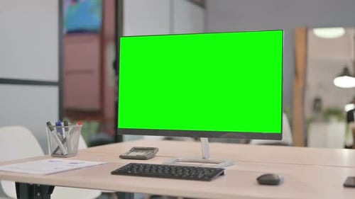 Computer with Green Screen in Office, Chroma Key