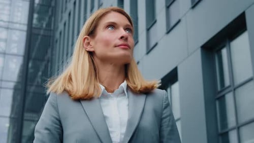 Female Portrait Closeup Caucasian Business Woman Standing Outdoors Looking Away Successful Confident