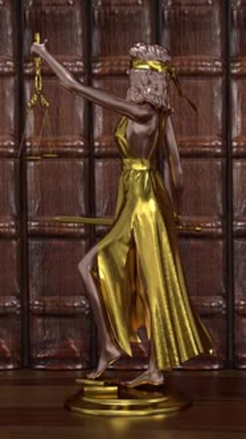 Blindfolded Lady Justice statue holding golden scales in courthouse setting.