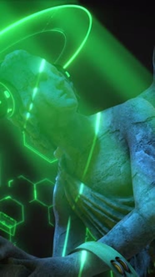 Futuristic Neon Glow on Classical Statue with Music Icons