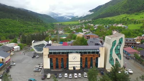 Mestia highland townlet in northwest Georgia, Caucasus Mountains, aerial view