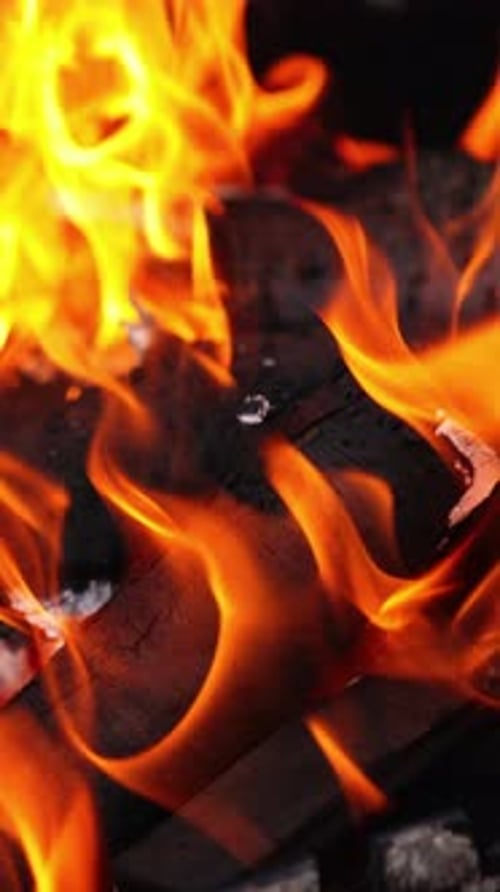 Smoldered logs in fire flame. Burning log of wood as abstract background.