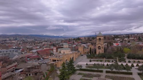 Aerial View Of Tsminda Church And Sameba Cathedral In Tbilisi, Georgia.