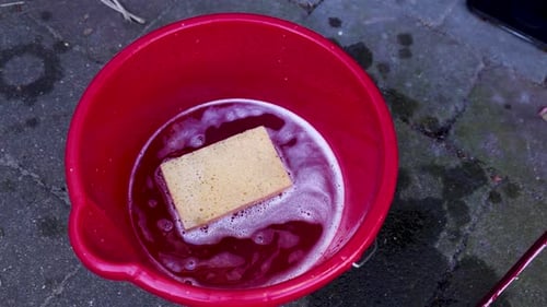 Video bucket of water with soap to clean.