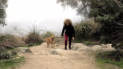 Woman Walks Dog on Rural Path on Overcast Day