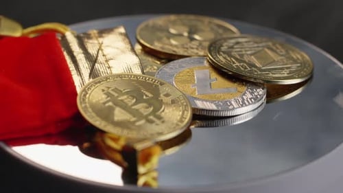 Cryptocurrency Coins on Rotating Platform