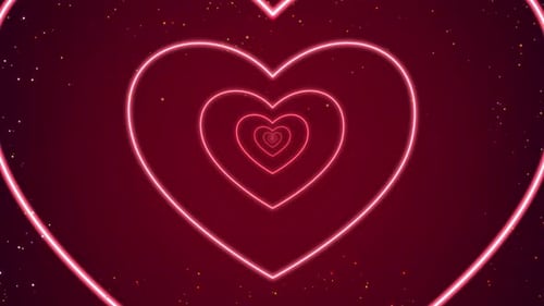 Neon heart tunnel animation background with glowing particles on dark red