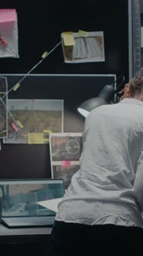 Woman Looking At Crime Board in Office