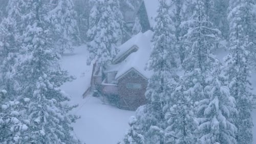 Snow Covered Cabin in Winter Forest